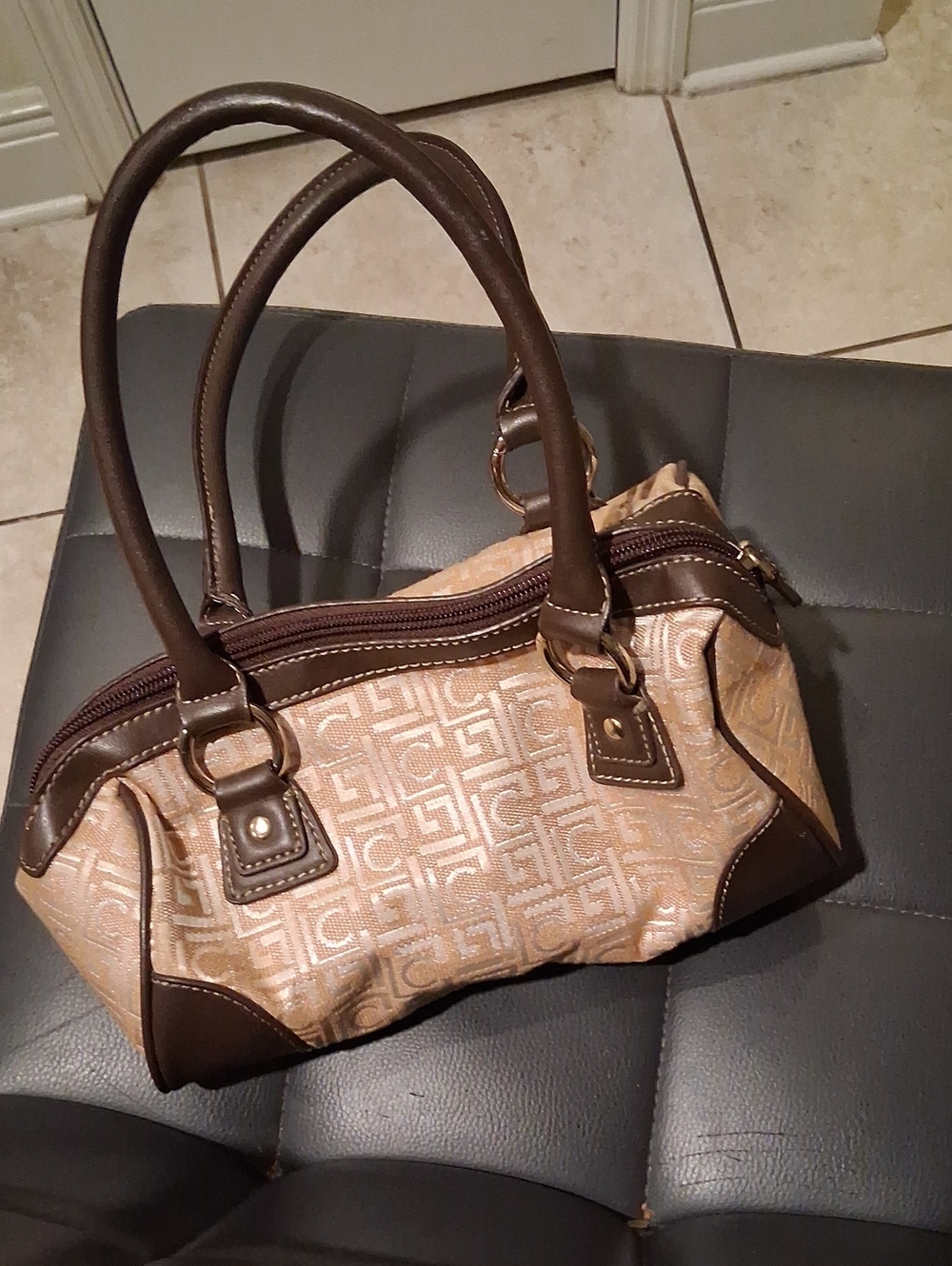 Liz Claiborne Beige Patterned Satchel with Brown Trim